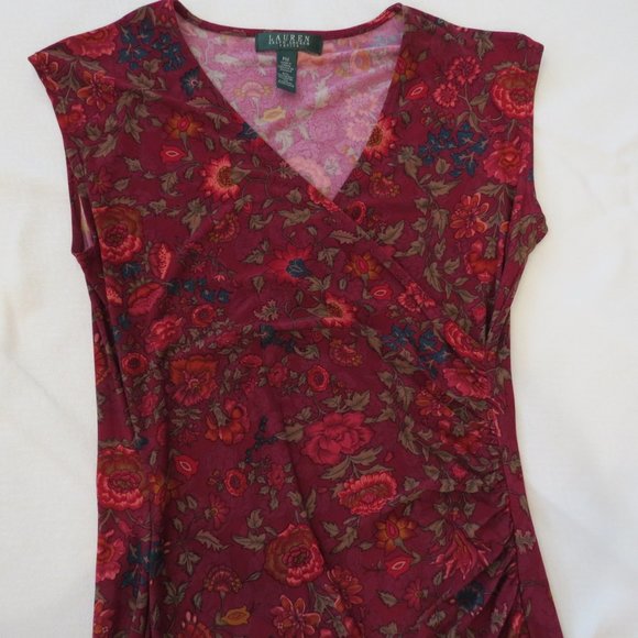 LAUREN Petites Size PM Ruched Burgundy/Pink Floral Pencil Dress - Picture 5 of 5
